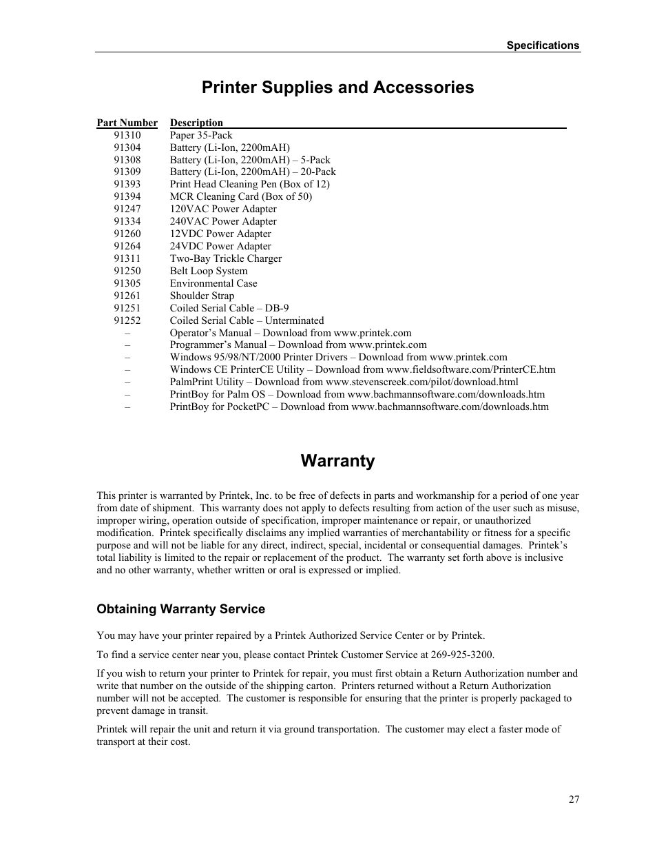 Printer supplies and accessories, Warranty | Printek Mt2 User Manual | Page 33 / 38