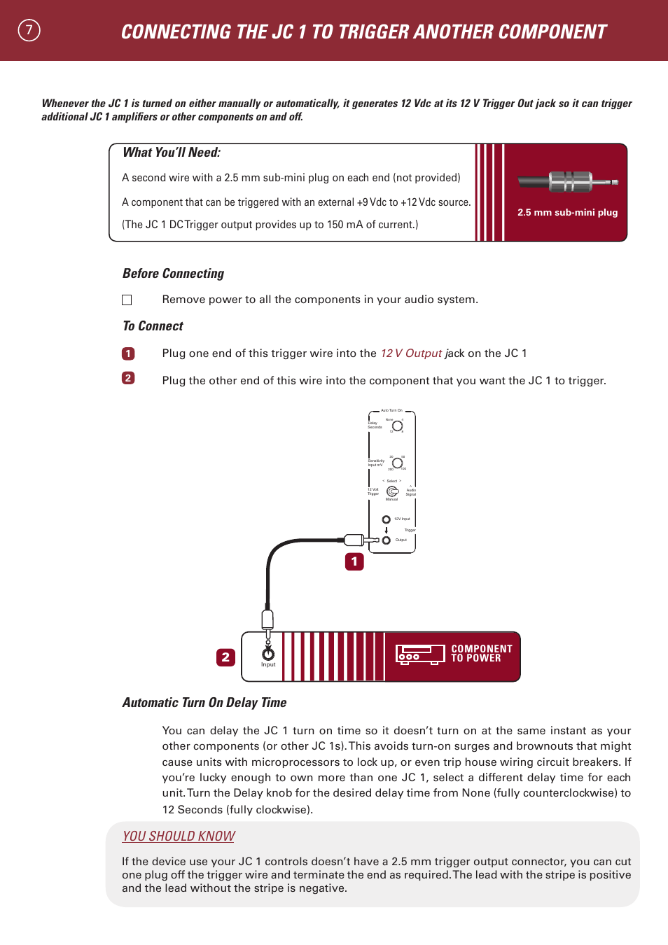 Connecting the jc 1 to trigger another component, What you’ll need, Before connecting | Automatic turn on delay time, You should know | Parasound JC 1 Amplifier User Manual | Page 10 / 22