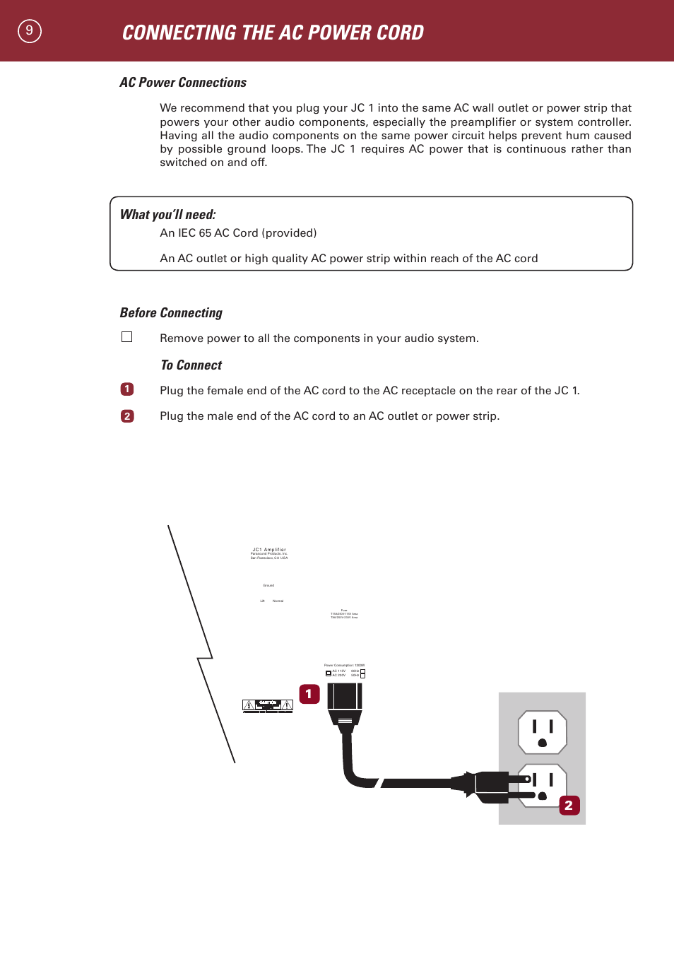 Connecting the ac power cord, Ac power connections, What you’ll need | Before connecting | Parasound JC 1 Amplifier User Manual | Page 12 / 22