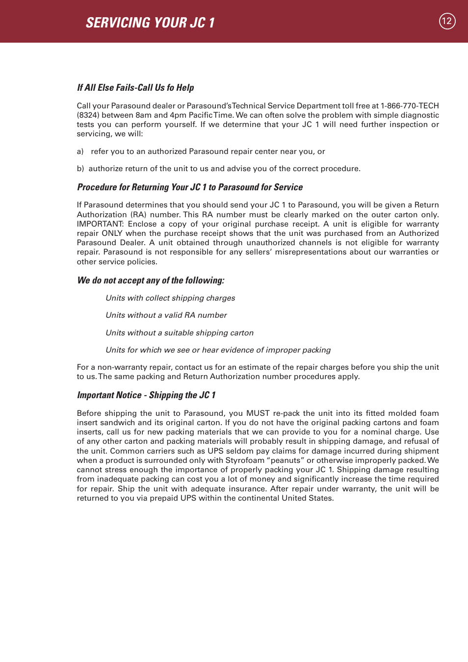 Servicing your jc 1 | Parasound JC 1 Amplifier User Manual | Page 15 / 22