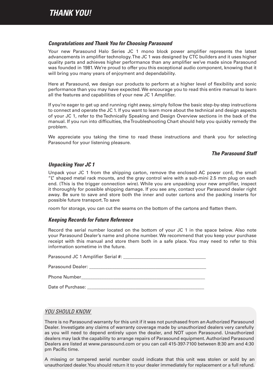 Parasound JC 1 Amplifier User Manual | Page 2 / 22