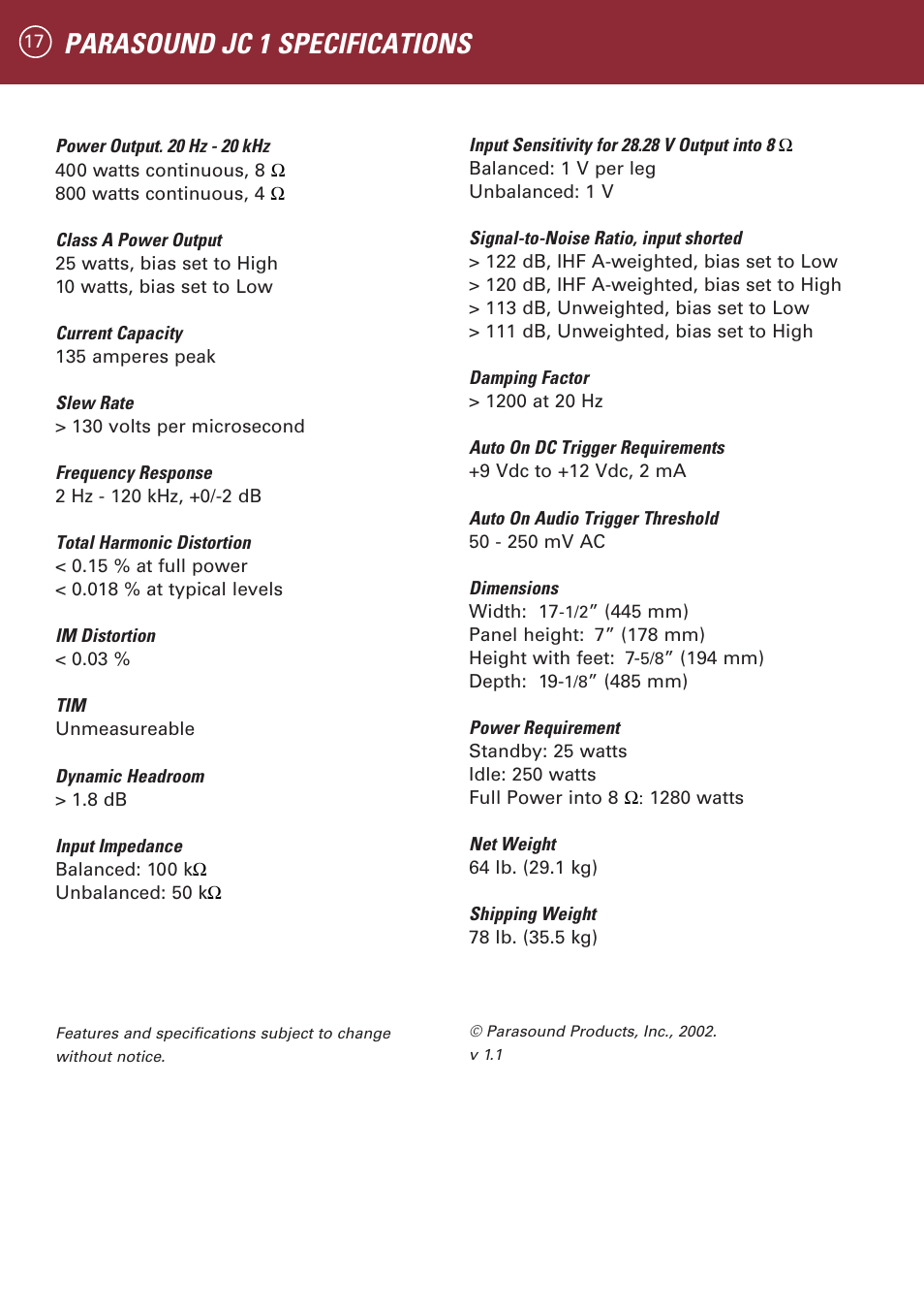 Parasound jc 1 specifications | Parasound JC 1 Amplifier User Manual | Page 20 / 22