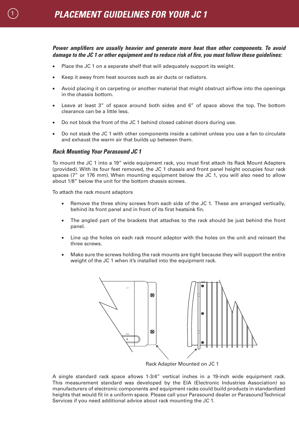Placement guidelines for your jc 1 | Parasound JC 1 Amplifier User Manual | Page 4 / 22