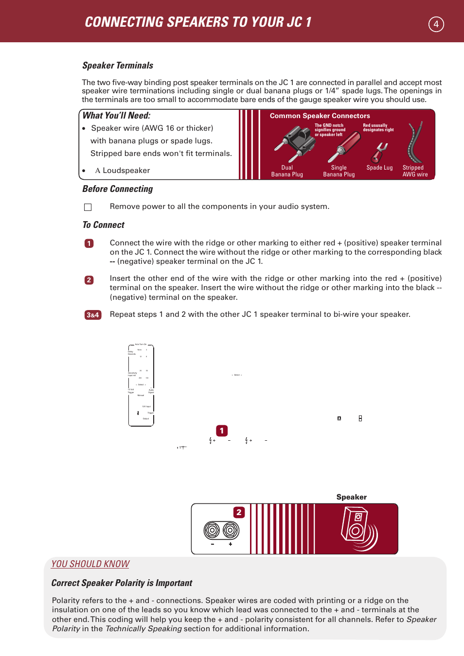 Connecting speakers to your jc 1, Speaker terminals, What you’ll need | Before connecting, Speaker | Parasound JC 1 Amplifier User Manual | Page 7 / 22