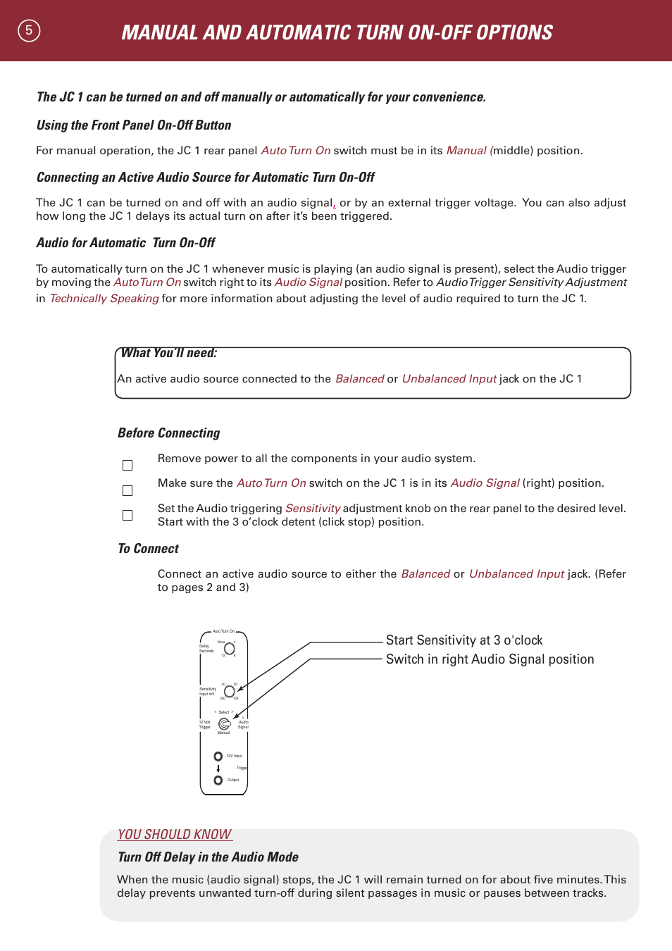 Manual and automatic turn on-off options, Audio for automatic turn on-off, What you’ll need | Before connecting, You should know turn off delay in the audio mode | Parasound JC 1 Amplifier User Manual | Page 8 / 22