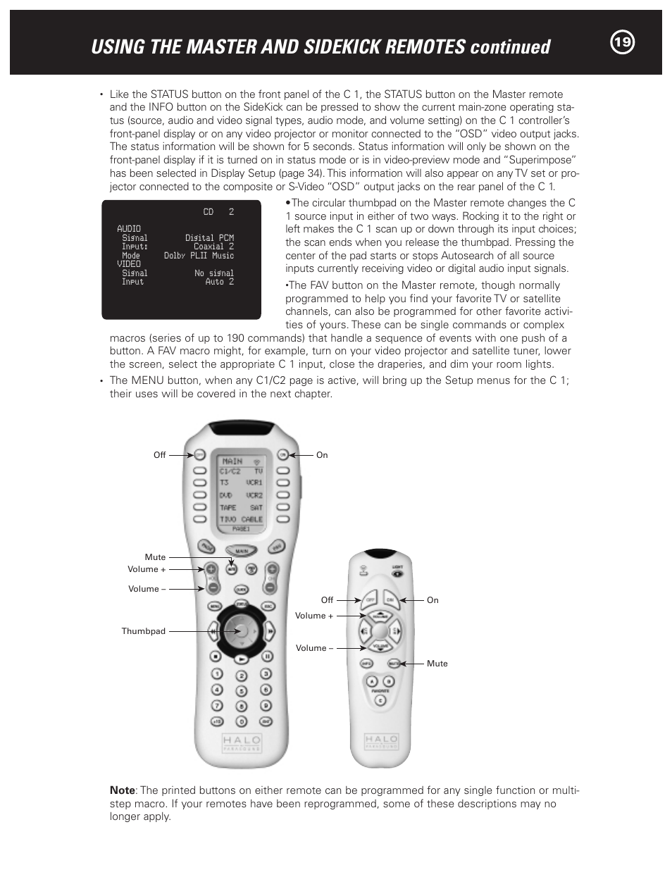 Using the master and sidekick remotes continued | Parasound Halo C1 Controller User Manual | Page 19 / 68