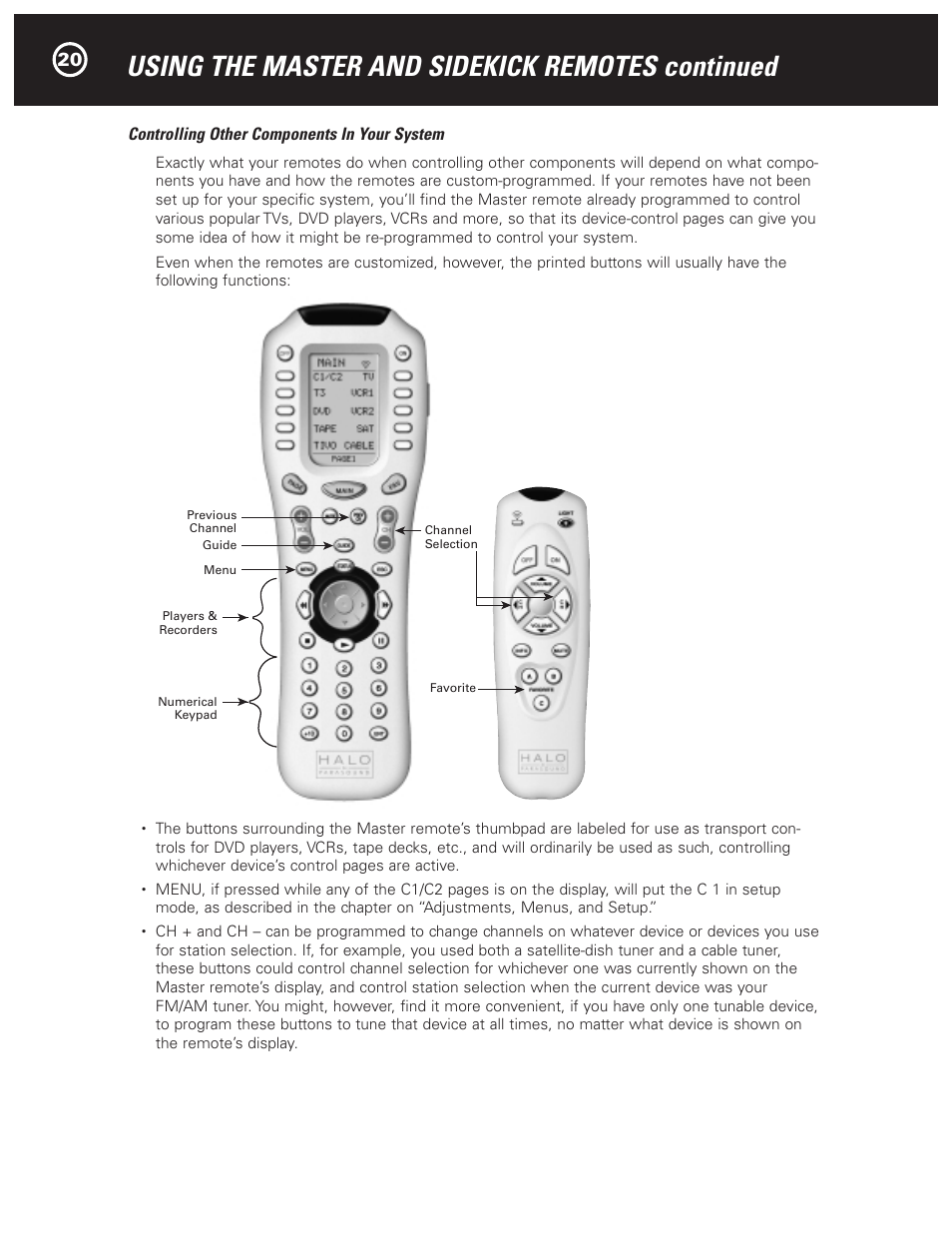Using the master and sidekick remotes continued | Parasound Halo C1 Controller User Manual | Page 20 / 68