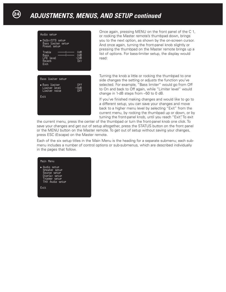 Adjustments, menus, and setup continued | Parasound Halo C1 Controller User Manual | Page 24 / 68