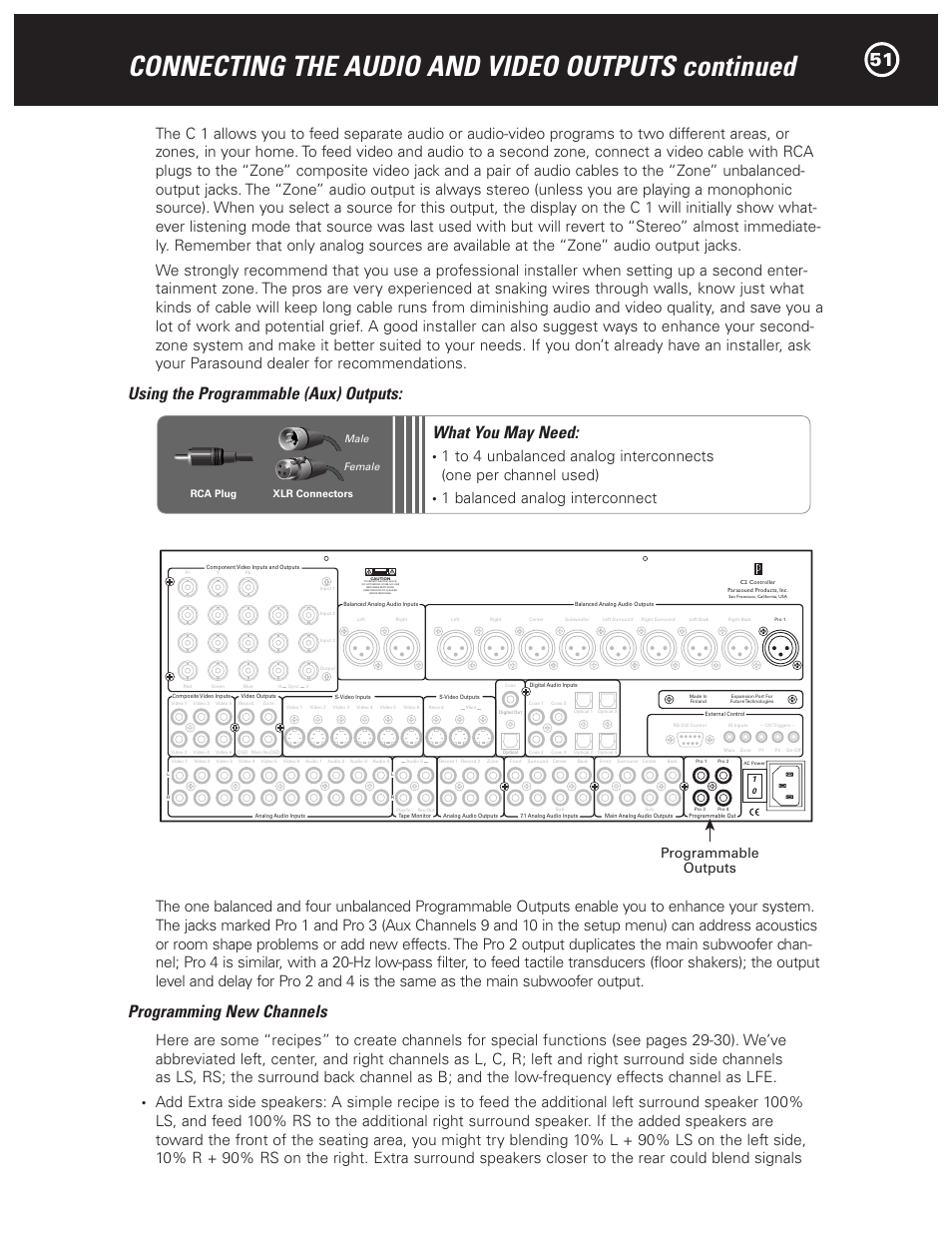 Connecting the audio and video outputs continued, Using the programmable (aux) outputs, Programming new channels | What you may need, 1 balanced analog interconnect, Programmable outputs, Rca plug xlr connectors male female | Parasound Halo C1 Controller User Manual | Page 51 / 68
