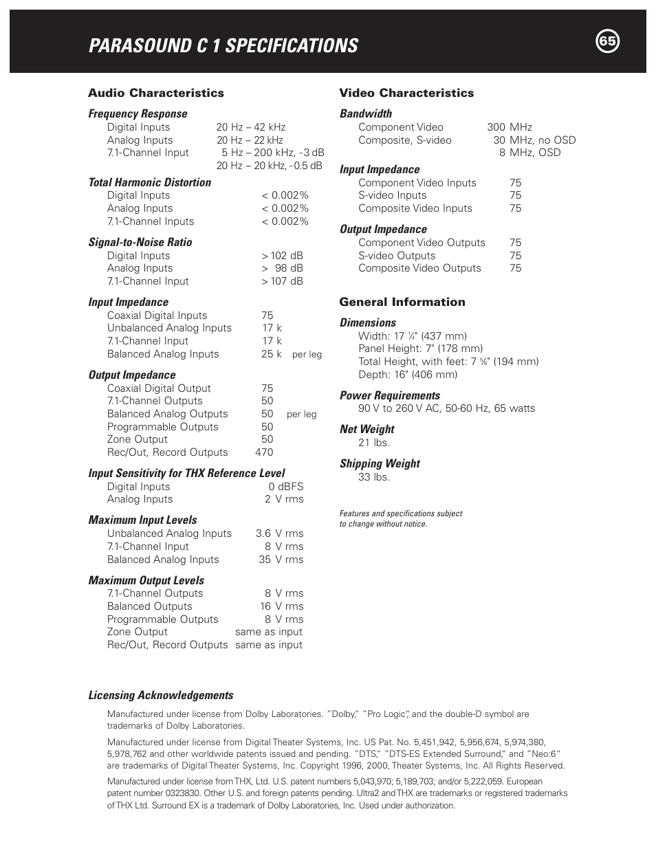 Parasound c 1 specifications | Parasound Halo C1 Controller User Manual | Page 65 / 68