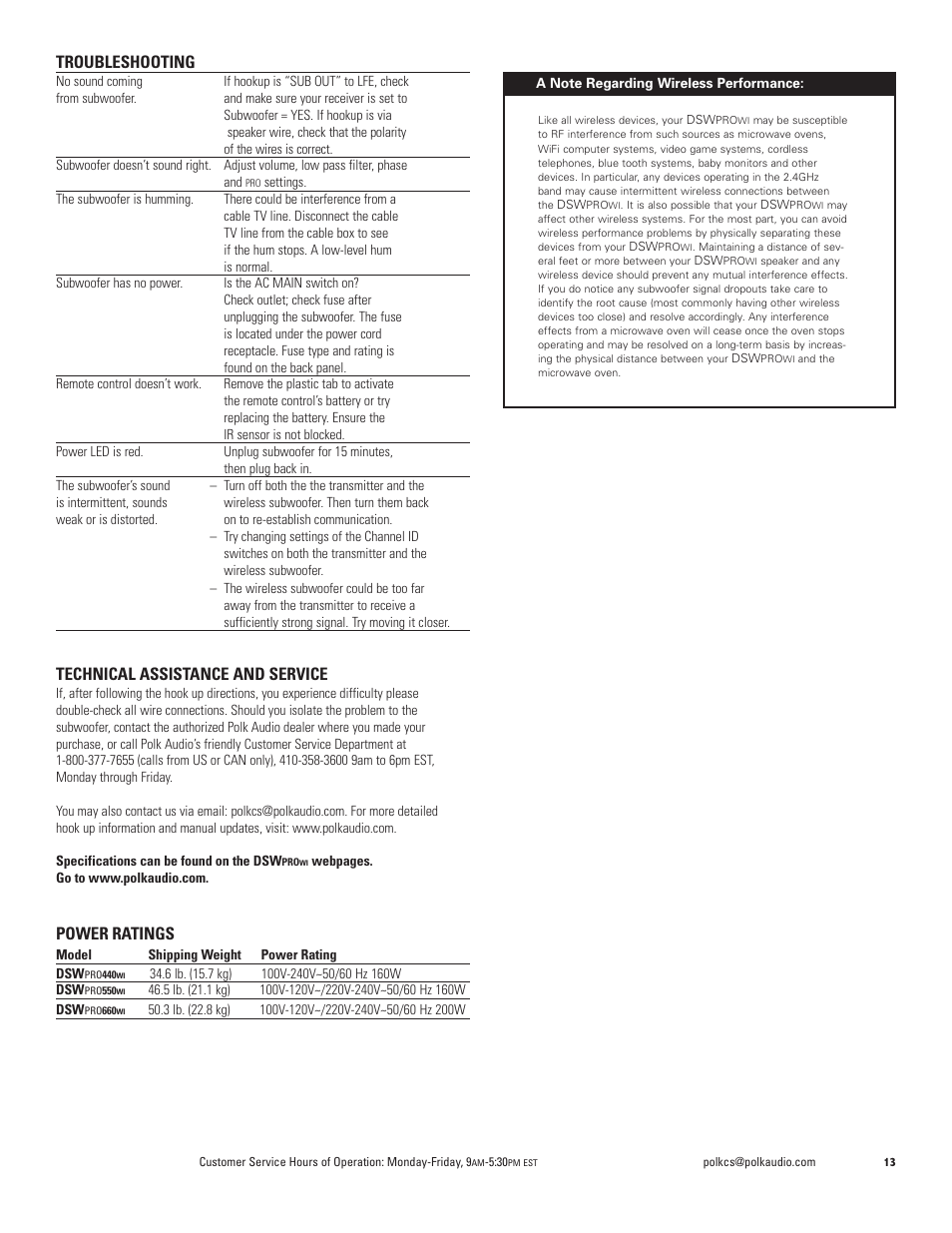 Troubleshooting, Technical assistance and service, Power ratings | Polk Audio DSW PRO 440wi User Manual | Page 13 / 60