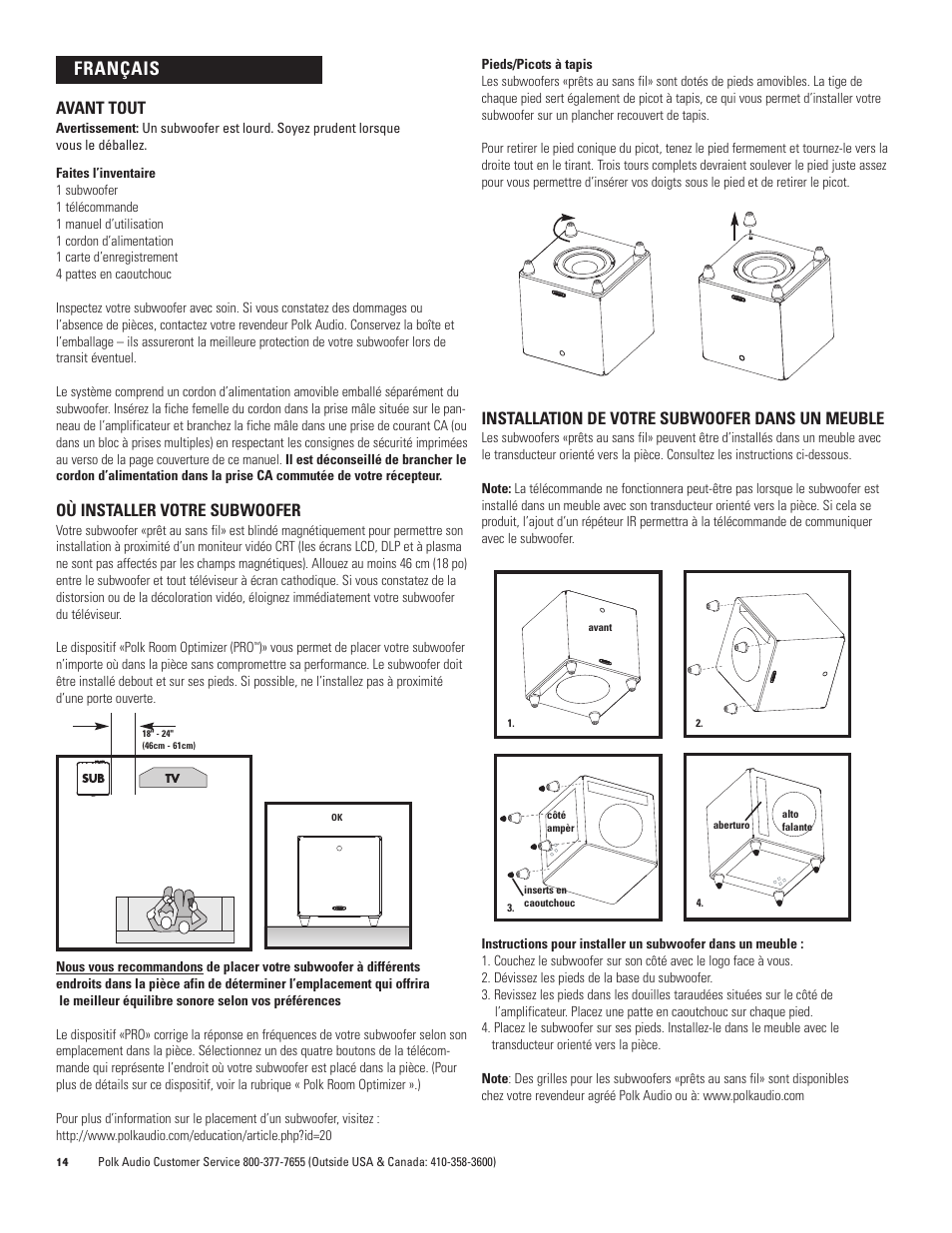 Français, Avant tout, Où installer votre subwoofer | Installation de votre subwoofer dans un meuble | Polk Audio DSW PRO 440wi User Manual | Page 14 / 60