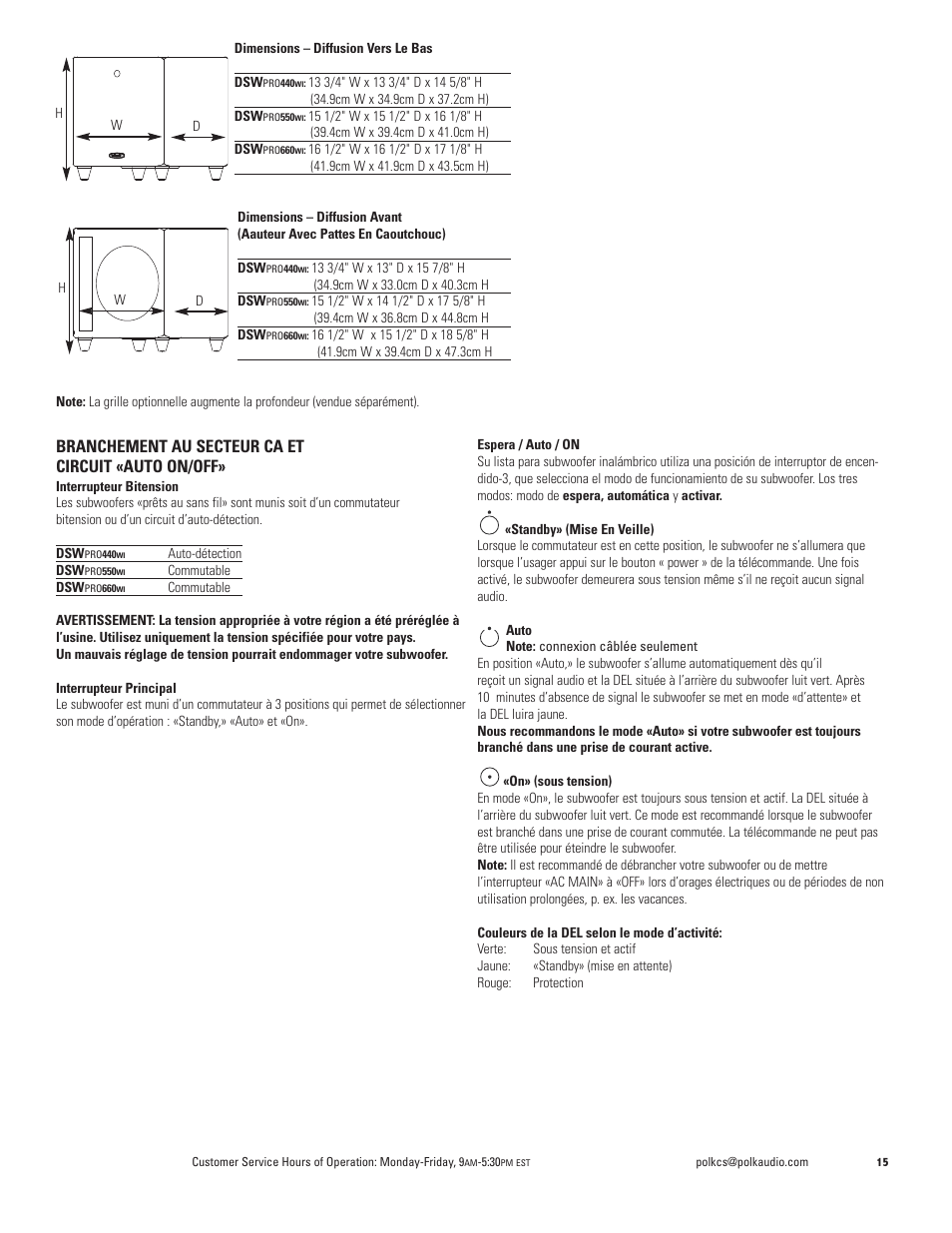 Branchement au secteur ca et circuit «auto on/off | Polk Audio DSW PRO 440wi User Manual | Page 15 / 60