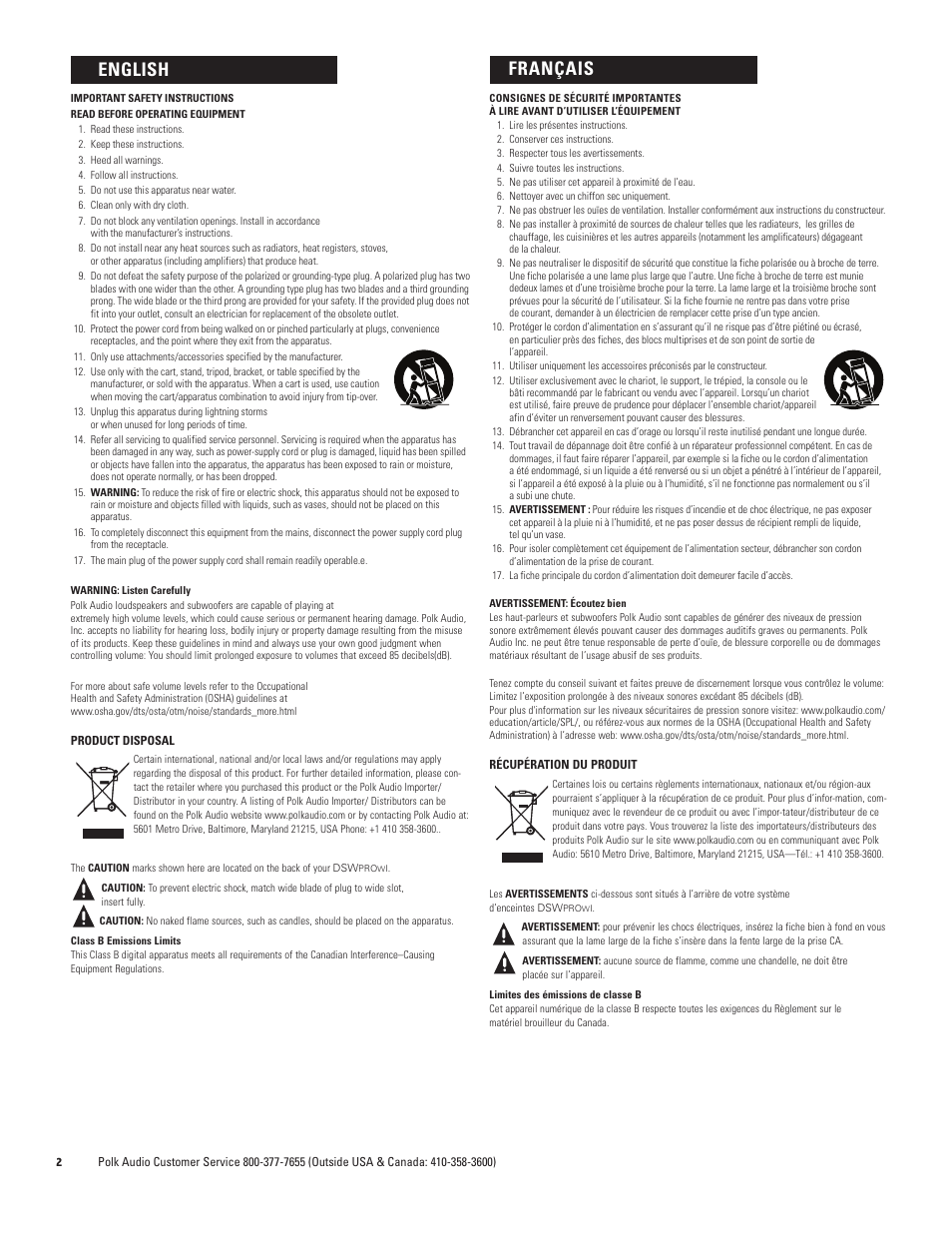 Français english | Polk Audio DSW PRO 440wi User Manual | Page 2 / 60