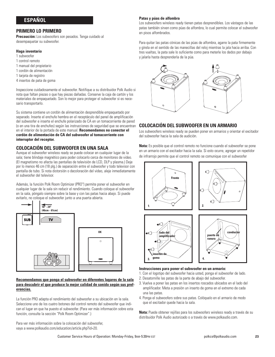 Español, Primero lo primero, Colocación del subwoofer en una sala | Colocación del subwoofer en un armario | Polk Audio DSW PRO 440wi User Manual | Page 23 / 60