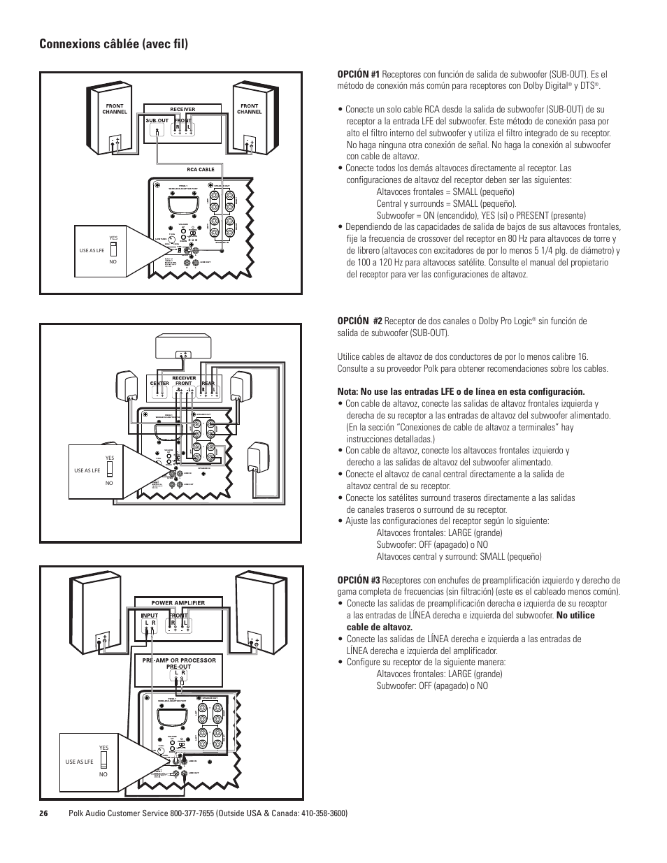 Connexions câblée (avec fil), Stand auto on by, Y dts | Polk Audio DSW PRO 440wi User Manual | Page 26 / 60