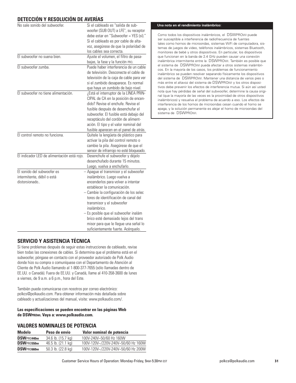 Detección y resolución de averías, Servicio y asistencia técnica, Valores nominales de potencia | Polk Audio DSW PRO 440wi User Manual | Page 31 / 60