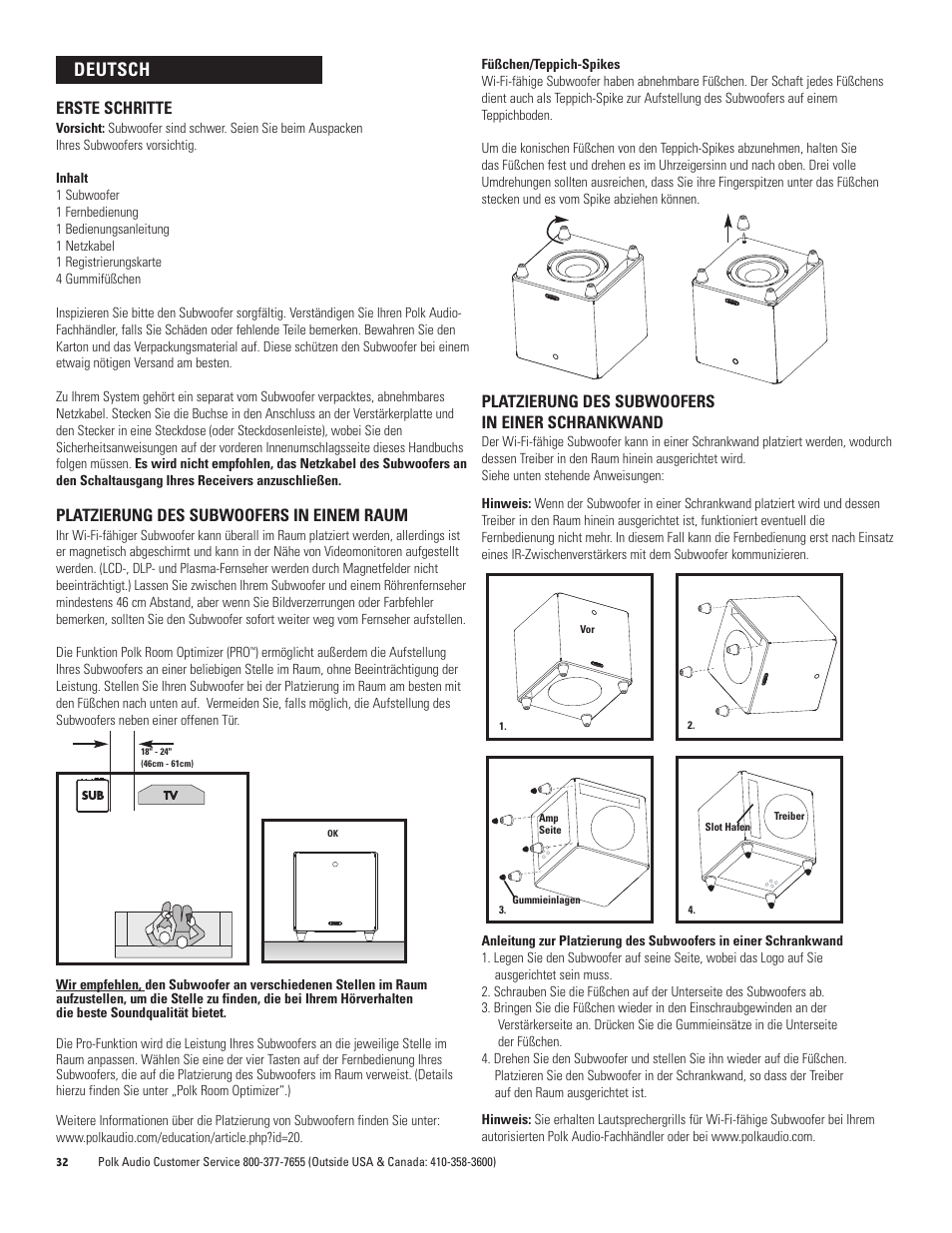 Deutsch, Erste schritte, Platzierung des subwoofers in einem raum | Platzierung des subwoofers in einer schrankwand | Polk Audio DSW PRO 440wi User Manual | Page 32 / 60