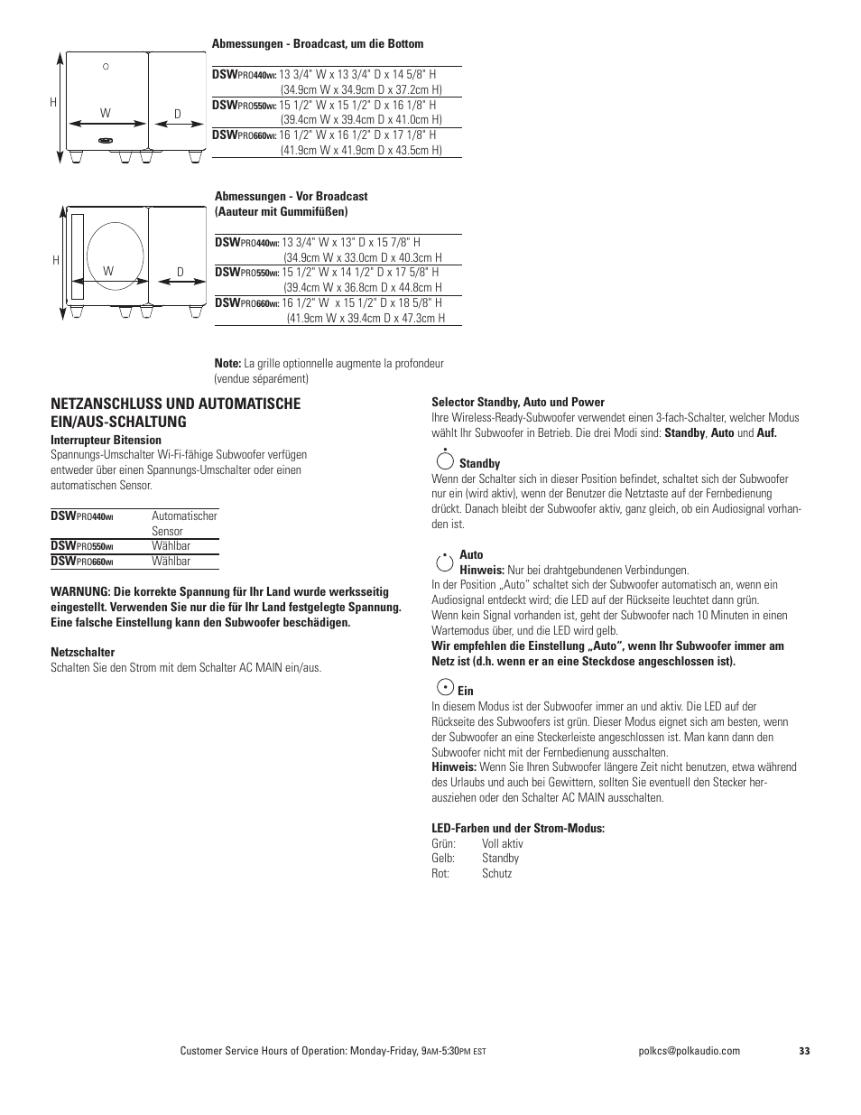 Netzanschluss und automatische ein/aus-schaltung | Polk Audio DSW PRO 440wi User Manual | Page 33 / 60