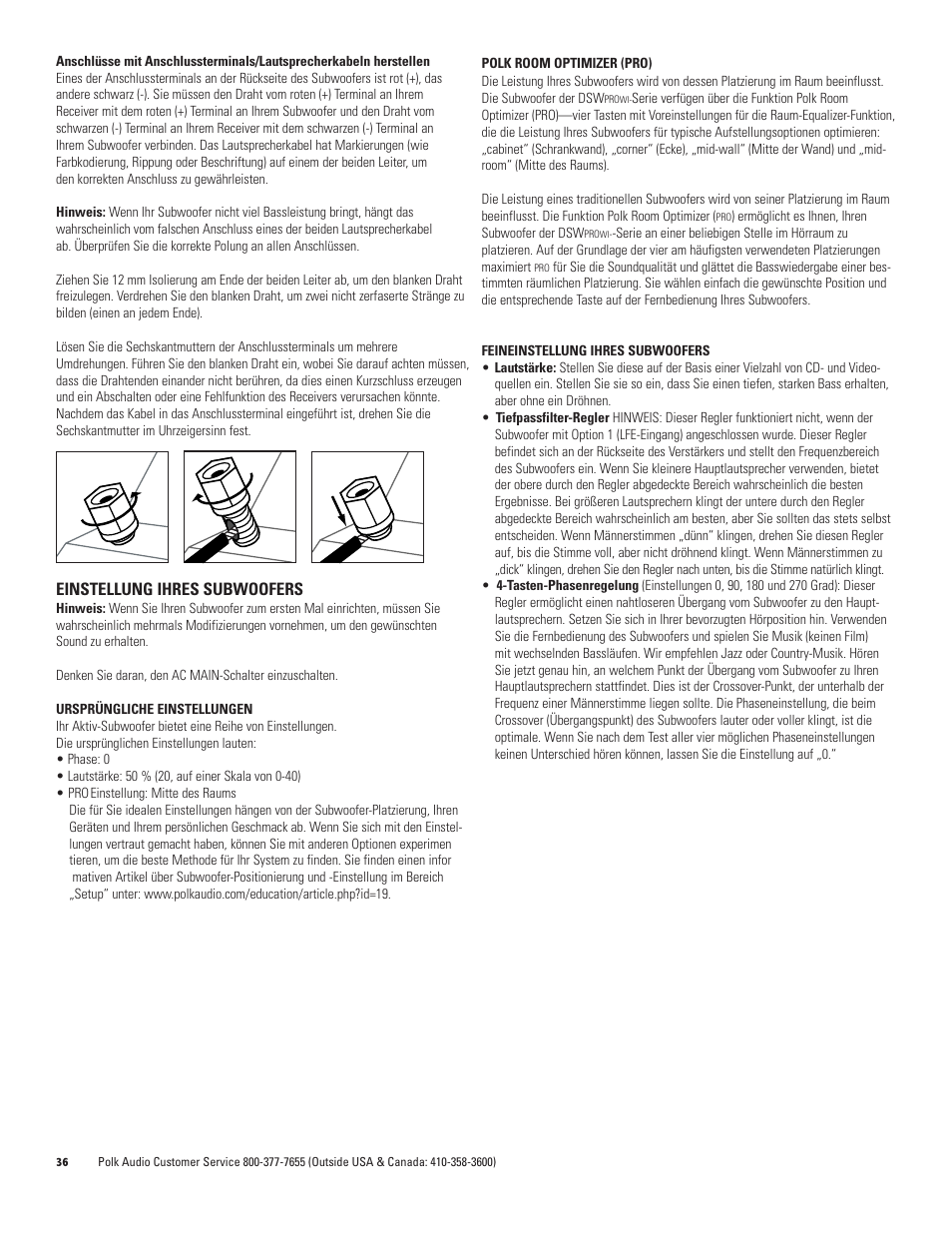 Einstellung ihres subwoofers | Polk Audio DSW PRO 440wi User Manual | Page 36 / 60