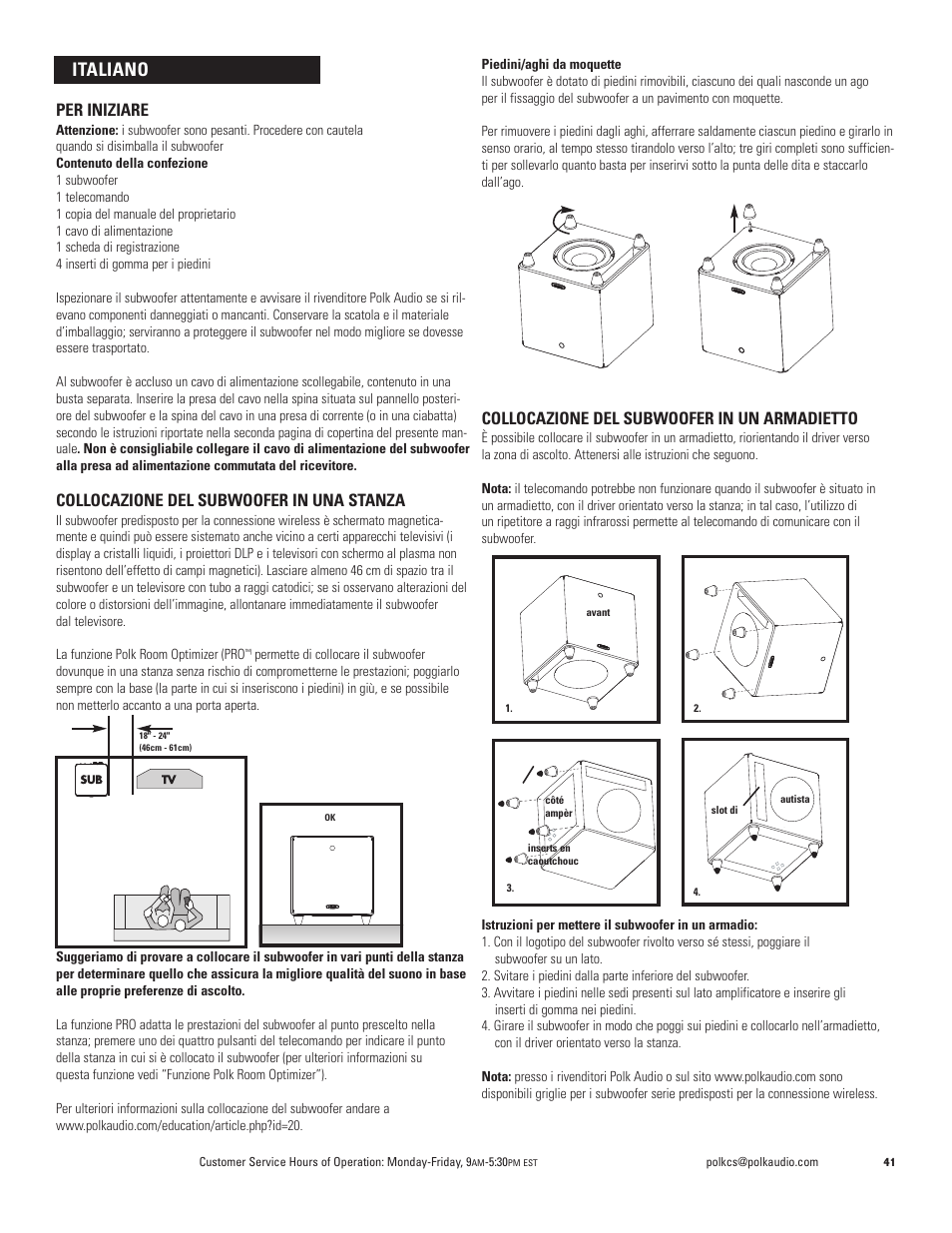 Italiano, Per iniziare, Collocazione del subwoofer in una stanza | Collocazione del subwoofer in un armadietto | Polk Audio DSW PRO 440wi User Manual | Page 41 / 60
