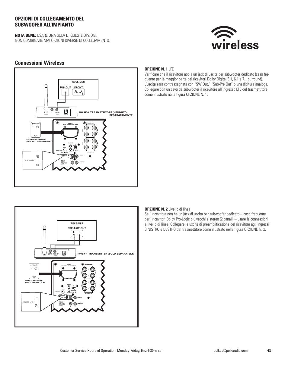 Connessioni wireless, Opzioni di collegamento del subwoofer all’impianto, Stand auto on by | Pm est | Polk Audio DSW PRO 440wi User Manual | Page 43 / 60