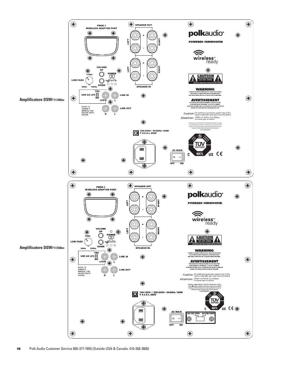 Amplificatore dsw, Pro 440, Pro 550 | Polk Audio DSW PRO 440wi User Manual | Page 46 / 60