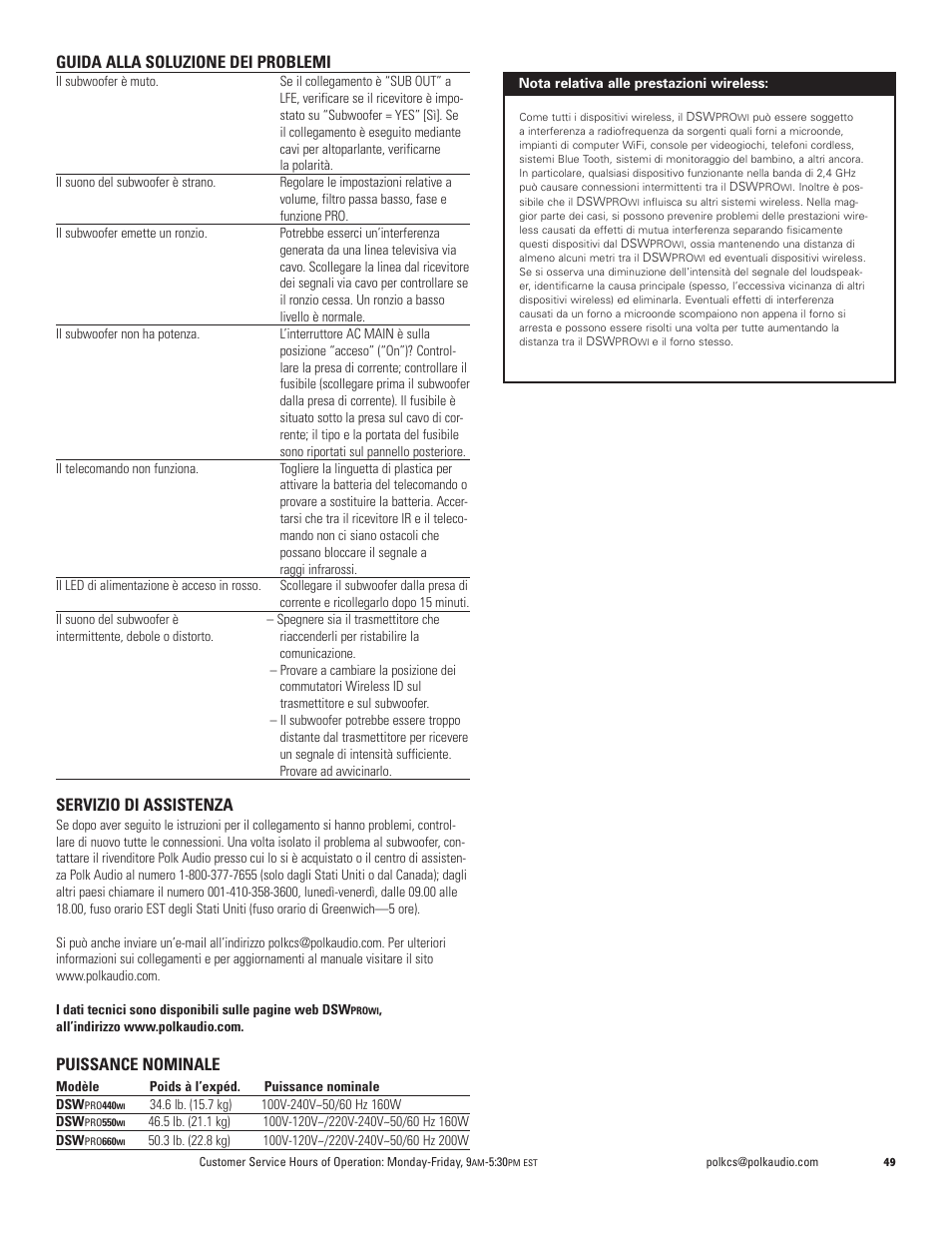 Guida alla soluzione dei problemi, Servizio di assistenza, Puissance nominale | Polk Audio DSW PRO 440wi User Manual | Page 49 / 60