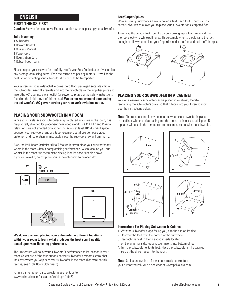 English, First things first, Placing your subwoofer in a room | Placing your subwoofer in a cabinet | Polk Audio DSW PRO 440wi User Manual | Page 5 / 60