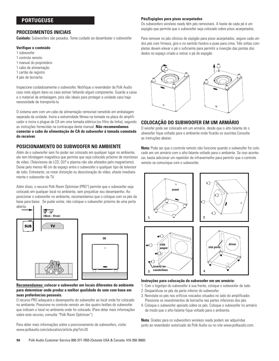 Portugeuse, Procedimentos iniciais, Posicionamento do subwoofer no ambiente | Colocação do subwoofer em um armário | Polk Audio DSW PRO 440wi User Manual | Page 50 / 60