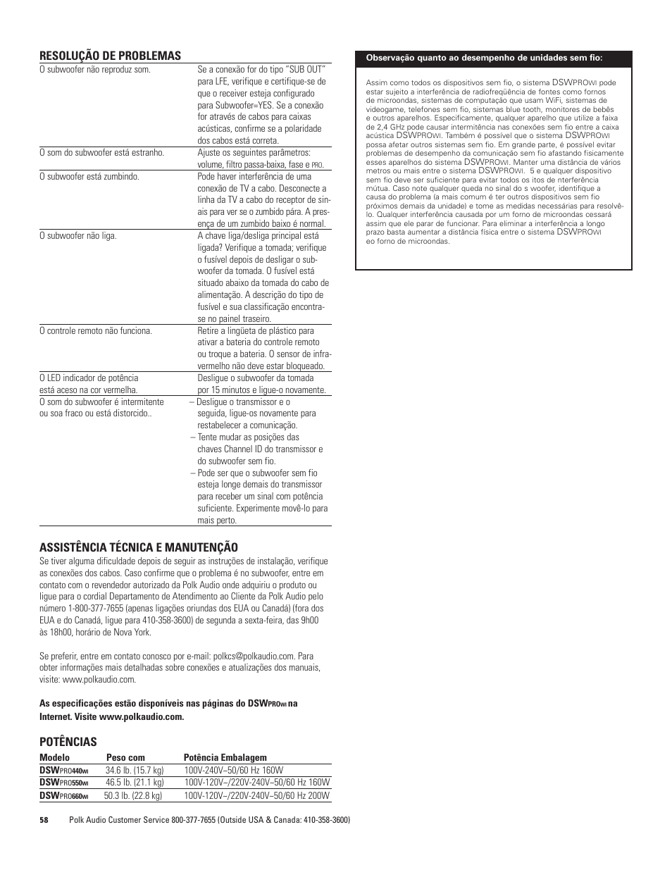 Resolução de problemas, Assistência técnica e manutenção, Potências | Polk Audio DSW PRO 440wi User Manual | Page 58 / 60