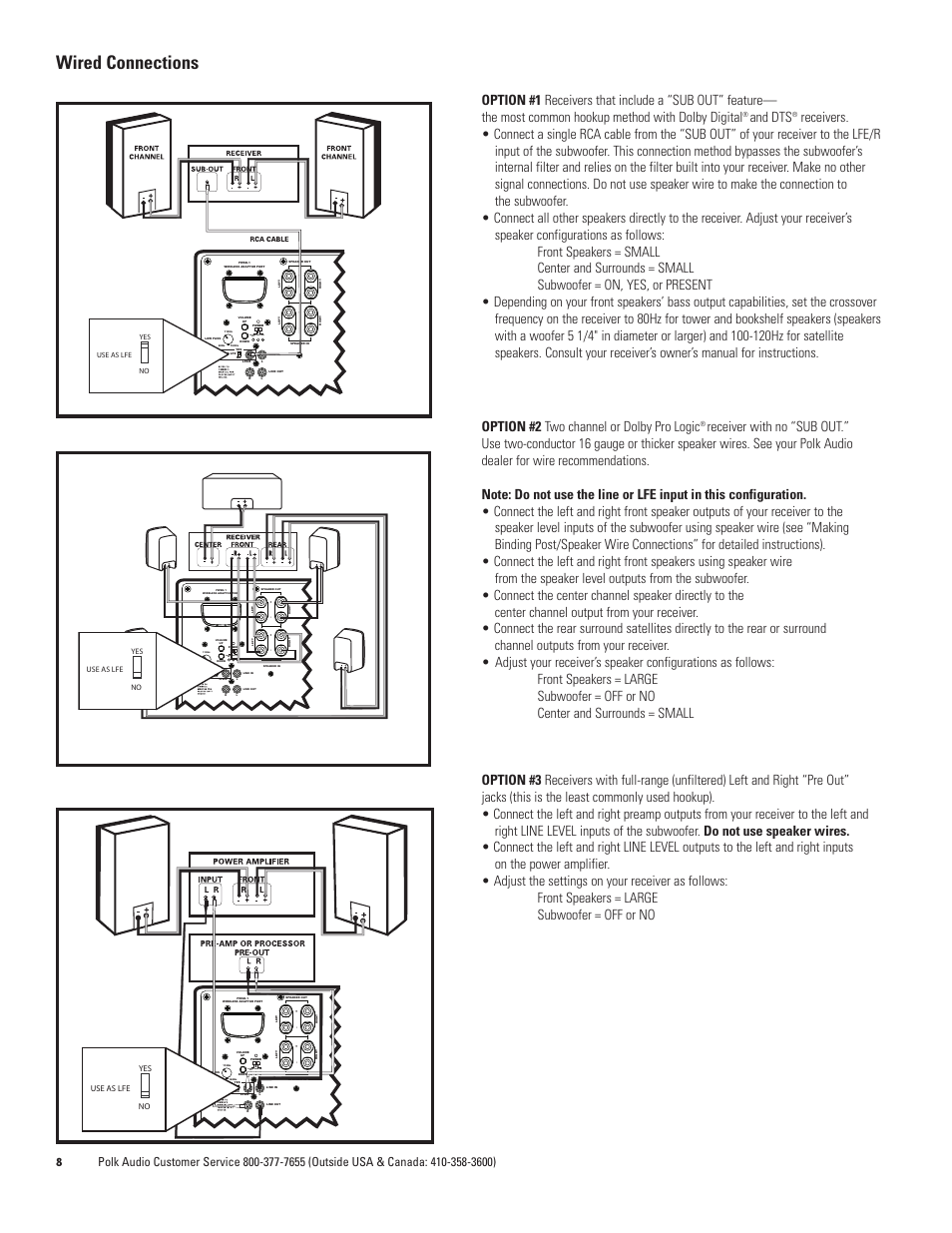 Wired connections, And dts, Stand auto on by | Polk Audio DSW PRO 440wi User Manual | Page 8 / 60