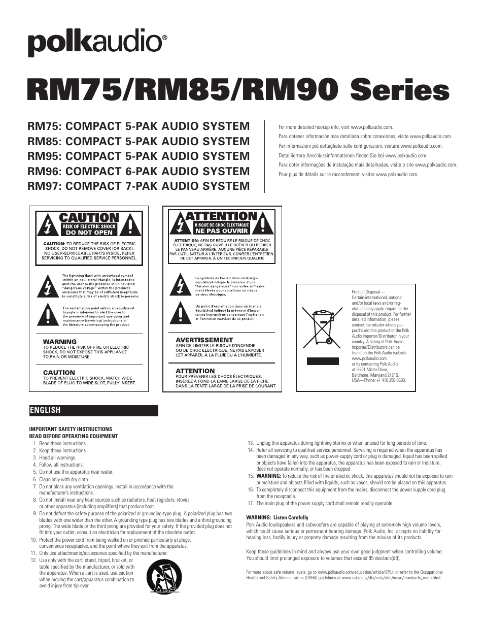 Polk Audio RM75/RM85/RM90 SERIES RM96 User Manual | 18 pages