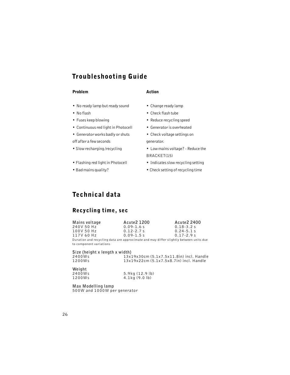 Troubleshooting guide technical data, Recycling time, sec | Profoto ACUTE2 1200 User Manual | Page 26 / 28