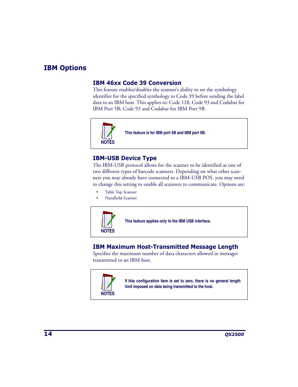 Ibm options, Ibm 46xx code 39 conversion, Ibm-usb device type | Ibm maximum host-transmitted message length | PSC QS2500 User Manual | Page 18 / 76