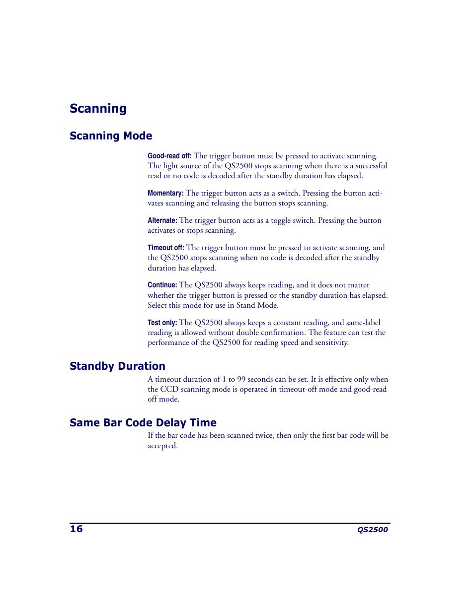 Scanning, Scanning mode, Standby duration | Same bar code delay time | PSC QS2500 User Manual | Page 20 / 76