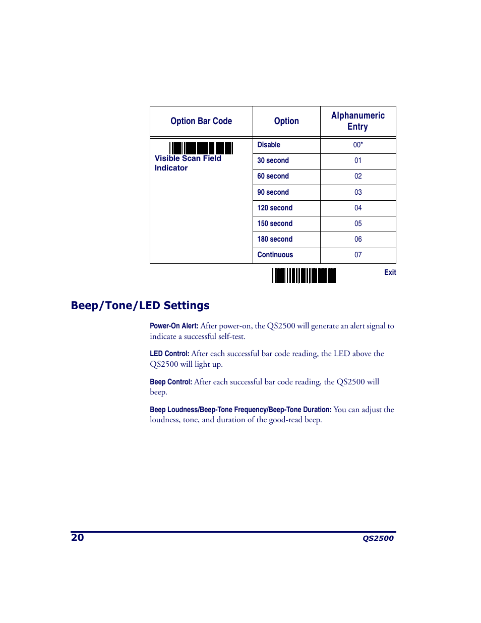 Beep/tone/led settings | PSC QS2500 User Manual | Page 24 / 76