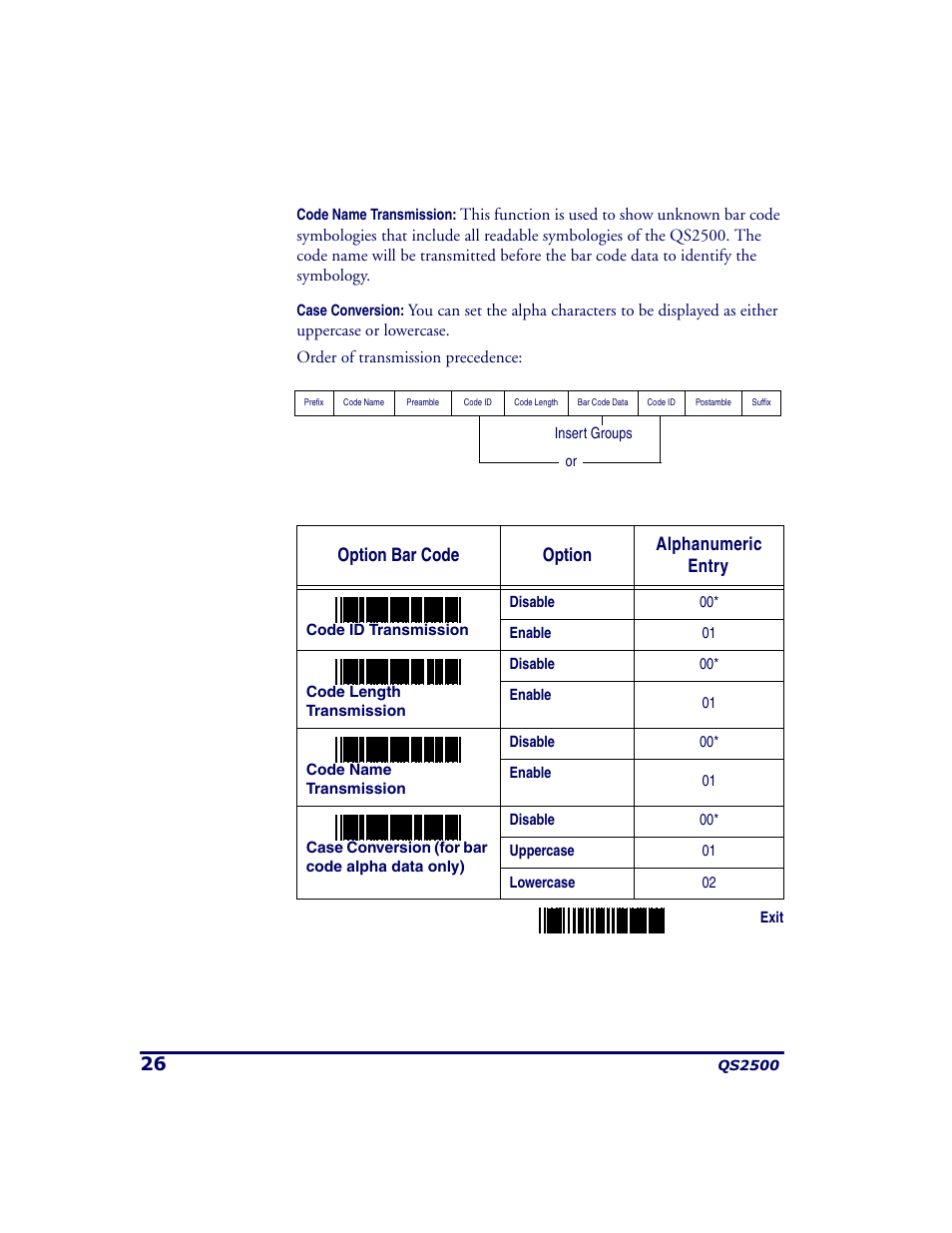 Option bar code option alphanumeric entry | PSC QS2500 User Manual | Page 30 / 76