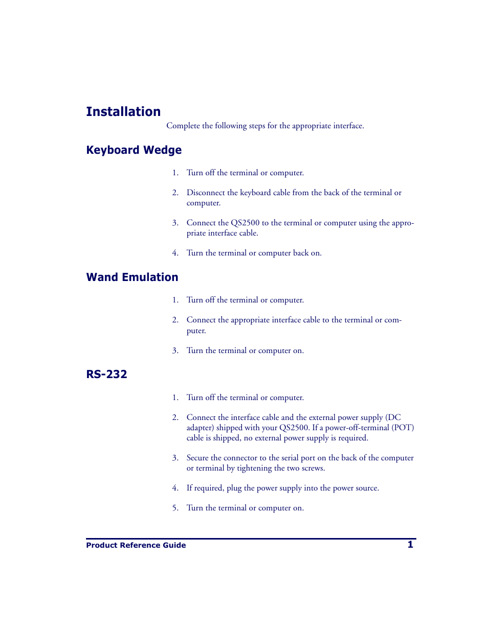 Installation, Keyboard wedge, Wand emulation | Rs-232, Keyboard wedge wand emulation rs-232 | PSC QS2500 User Manual | Page 5 / 76