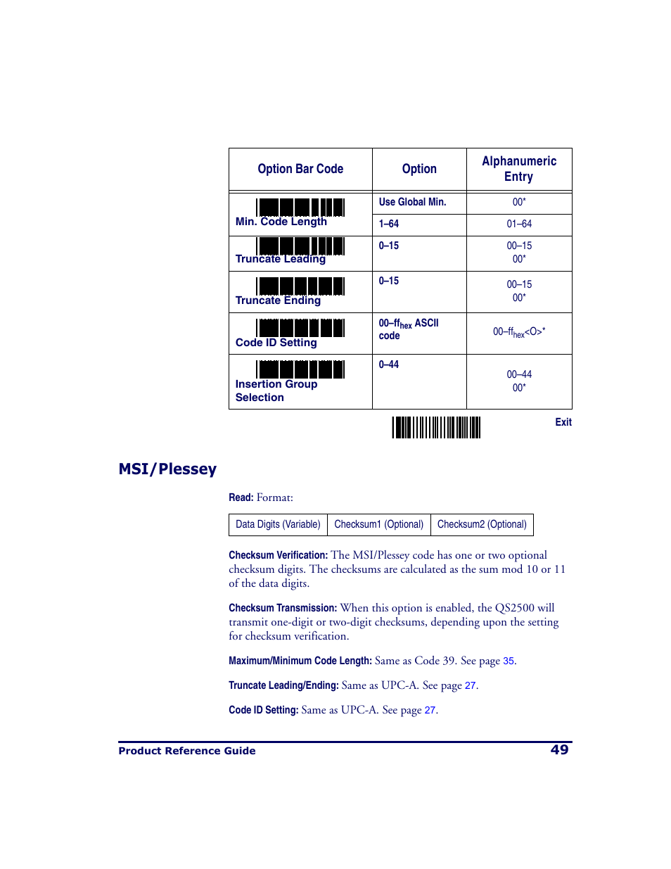 Msi/plessey | PSC QS2500 User Manual | Page 53 / 76