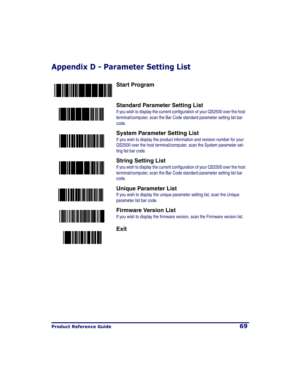 Appendix d - parameter setting list | PSC QS2500 User Manual | Page 73 / 76