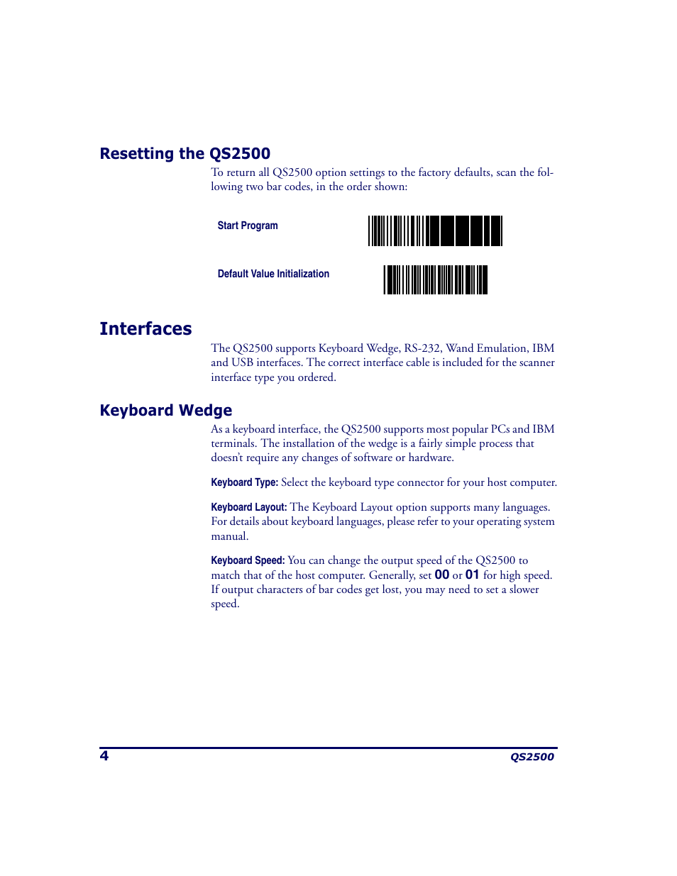 Resetting the qs2500, Interfaces, Keyboard wedge | PSC QS2500 User Manual | Page 8 / 76