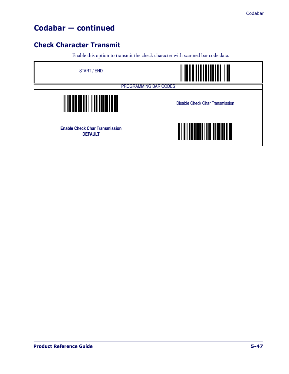 Check character transmit, Check character transmit -47, Codabar — continued | PSC 1400I User Manual | Page 123 / 180