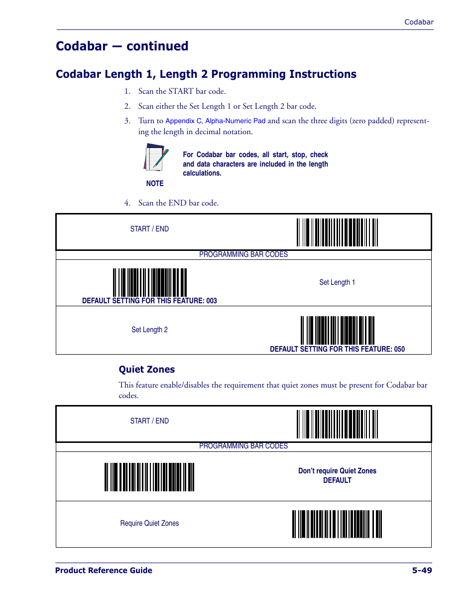 Ing the, Codabar length 1, length 2 program, Ming instructions | Belo, Codabar length 1, length 2 pro, Gramming instructions, Codabar length 1, length 2, Programming instructions, Codabar — continued | PSC 1400I User Manual | Page 125 / 180