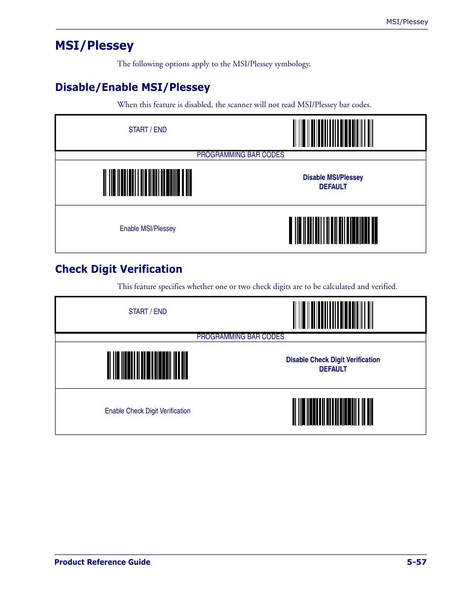 Msi/plessey, Disable/enable msi/plessey, Check digit verification | Msi/plessey -57 | PSC 1400I User Manual | Page 133 / 180