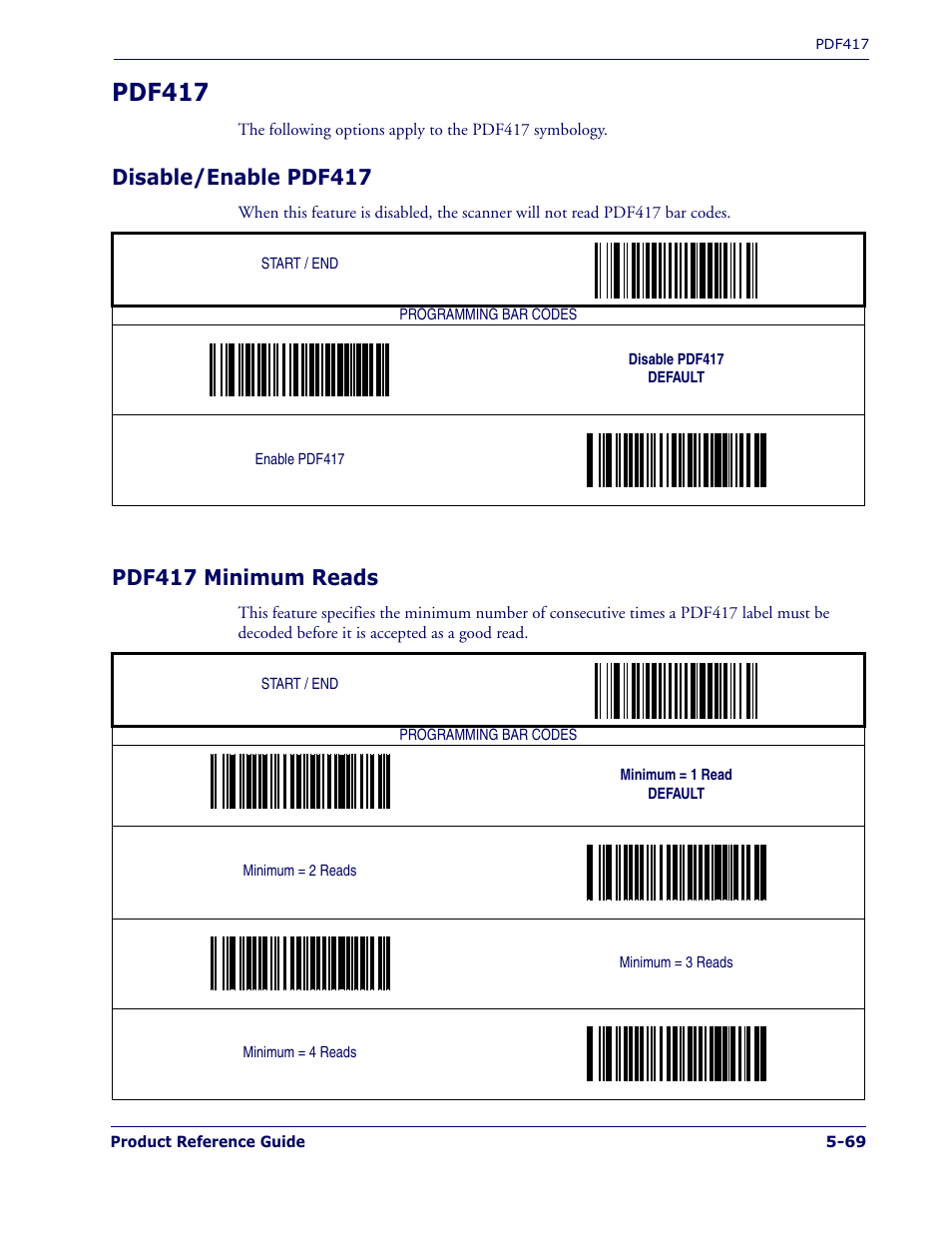 Pdf417, Disable/enable pdf417, Pdf417 minimum reads | Pdf417 -69, Disable/enable pdf417 -69 pdf417 minimum reads -69 | PSC 1400I User Manual | Page 145 / 180