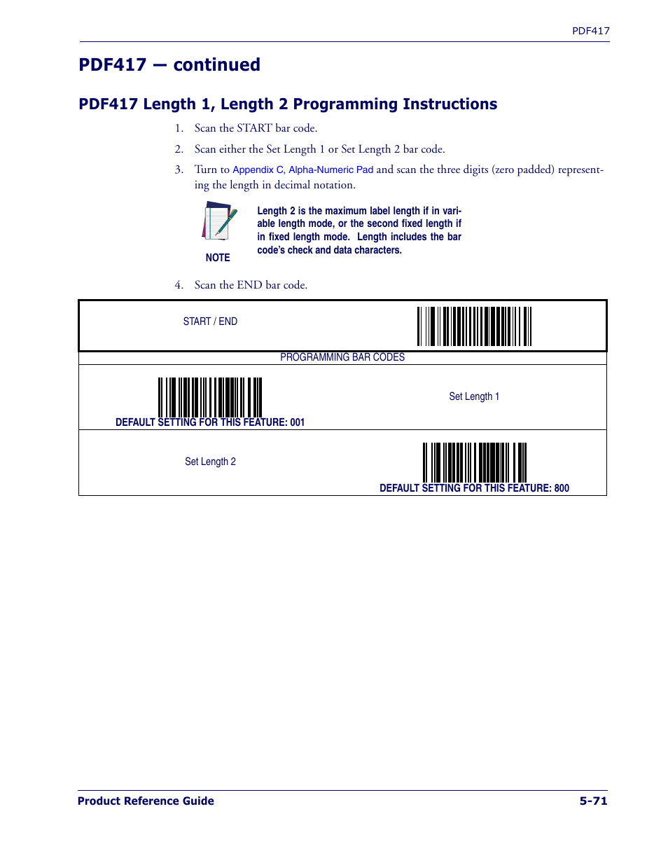 Pdf417 length 1, length 2 programming instructions, Pdf417 length 1, length 2 program, Ming instructions | Belo, Ing the, Pdf417 length 1, length 2 pro, Gramming instructions, Pdf417 — continued | PSC 1400I User Manual | Page 147 / 180