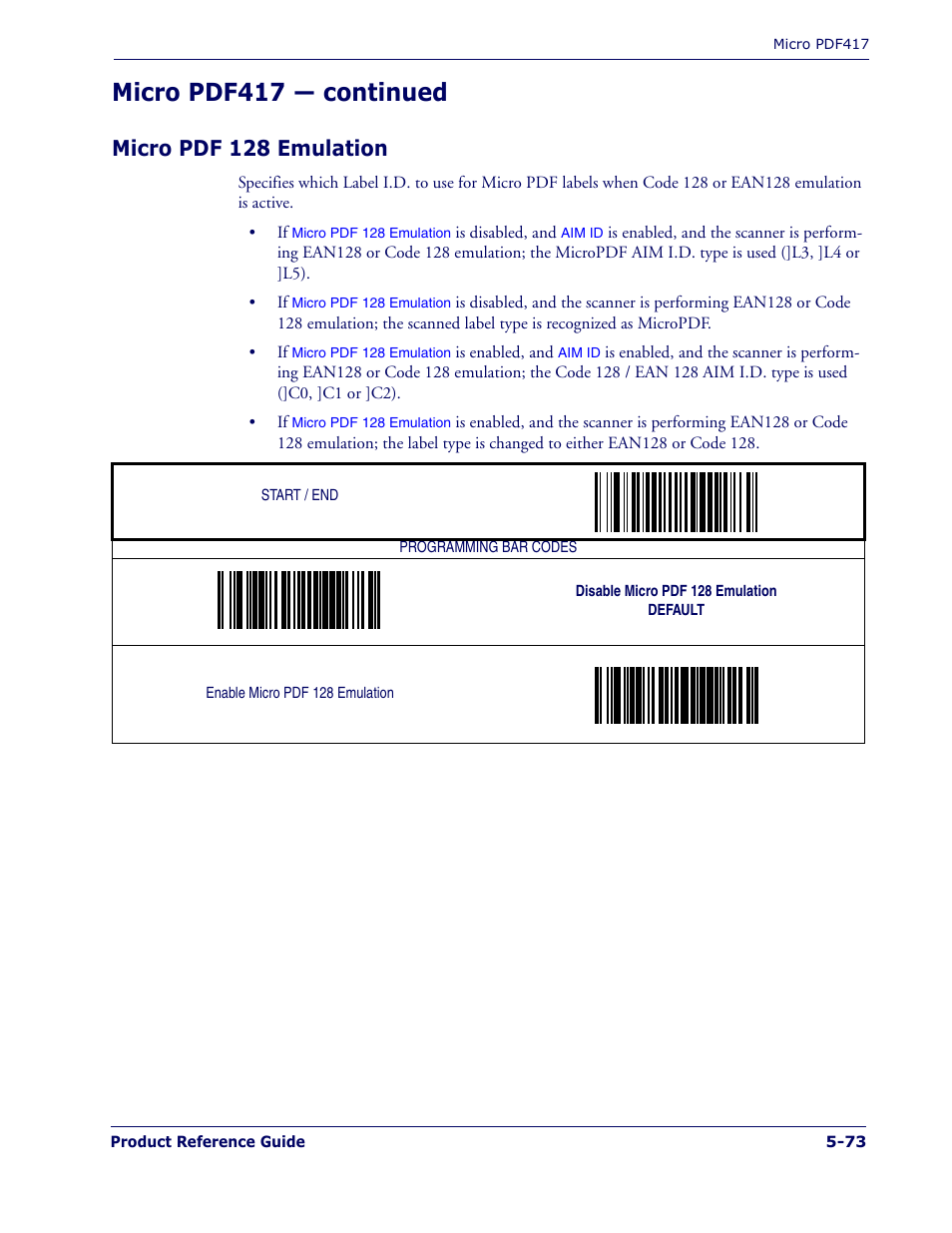 Micro pdf 128 emulation, Micro pdf 128 emulation -73, Micro pdf417 — continued | PSC 1400I User Manual | Page 149 / 180