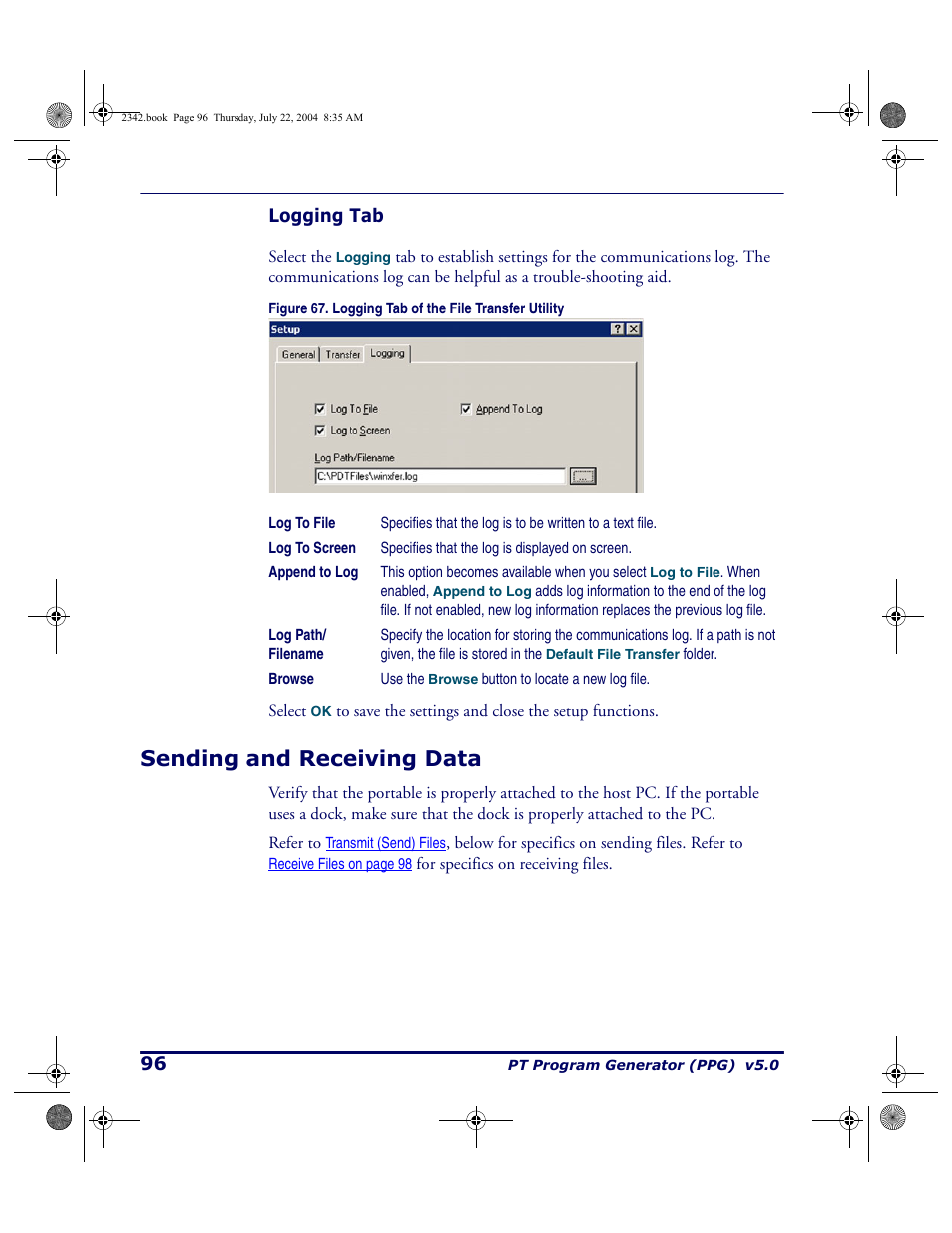 Logging tab, Sending and receiving data | PSC PT Program Generator User Manual | Page 108 / 204