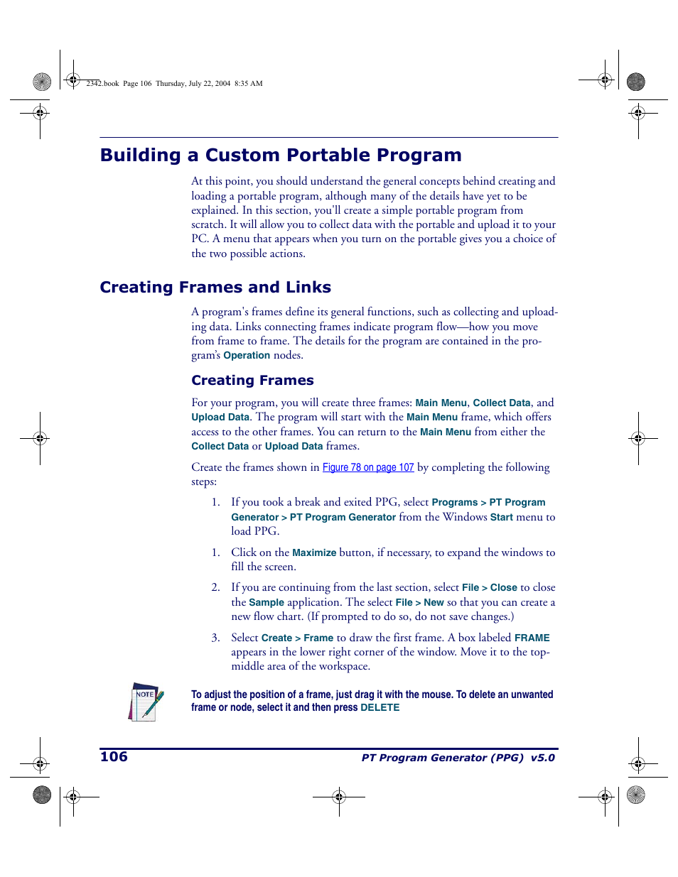 Building a custom portable program, Creating frames and links, Creating frames | PSC PT Program Generator User Manual | Page 118 / 204